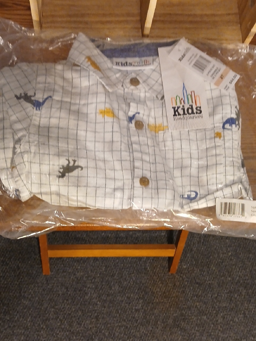 Essentials White Grid Button-Down Shirt with Colorful Dinosaur Prints
